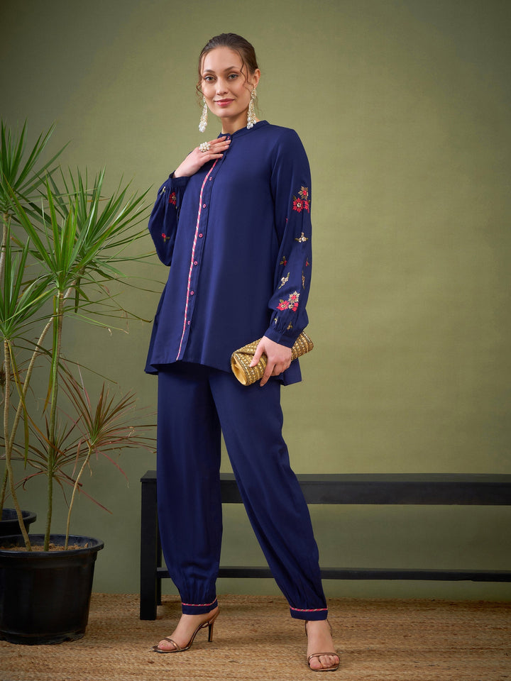 Royal Blue Sleeve Embroidered Shirt With Cuff Pants