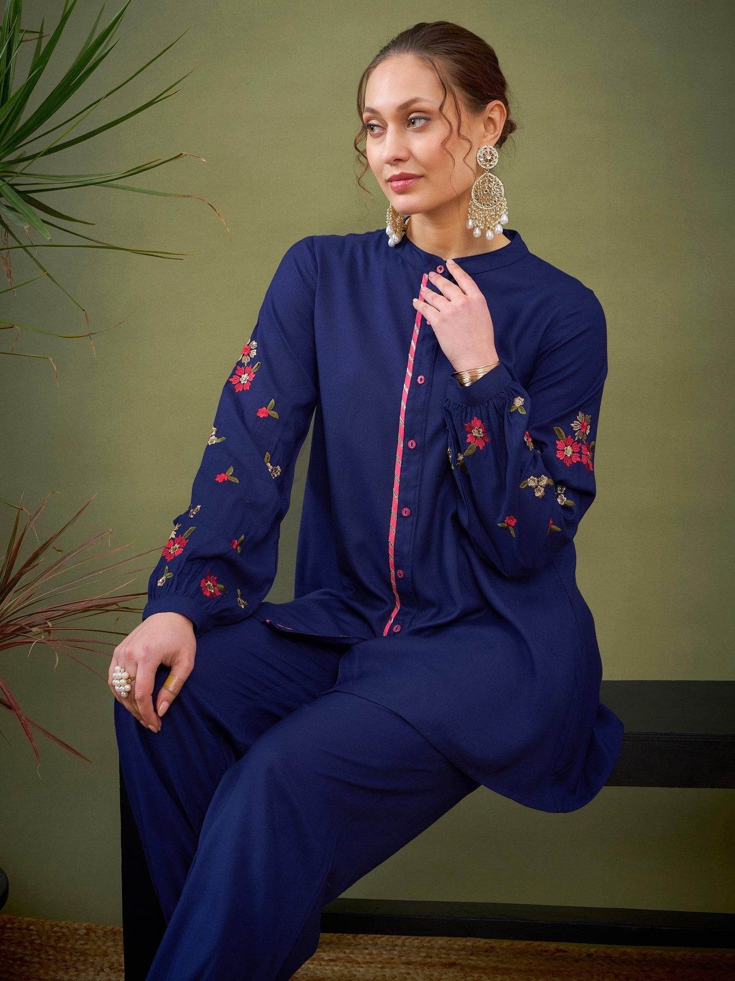 Royal Blue Sleeve Embroidered Shirt With Cuff Pants