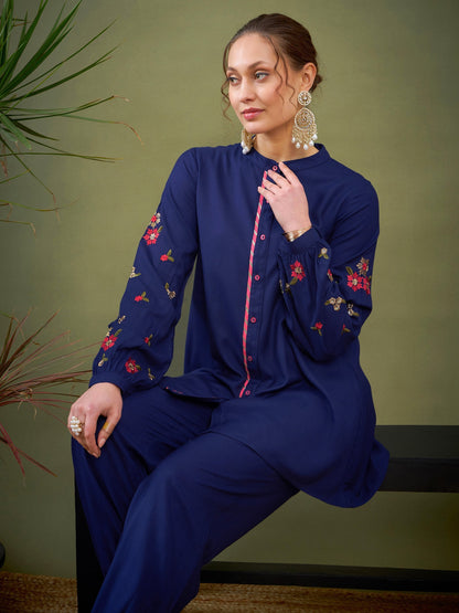 Royal Blue Sleeve Embroidered Shirt With Cuff Pants