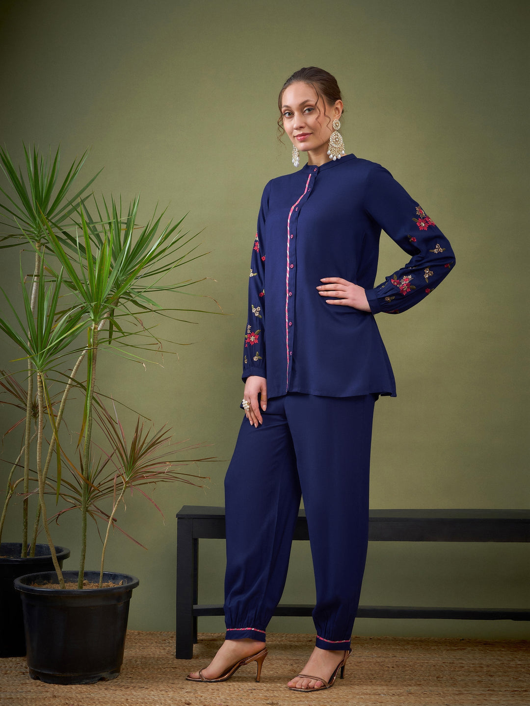 Royal Blue Sleeve Embroidered Shirt With Cuff Pants