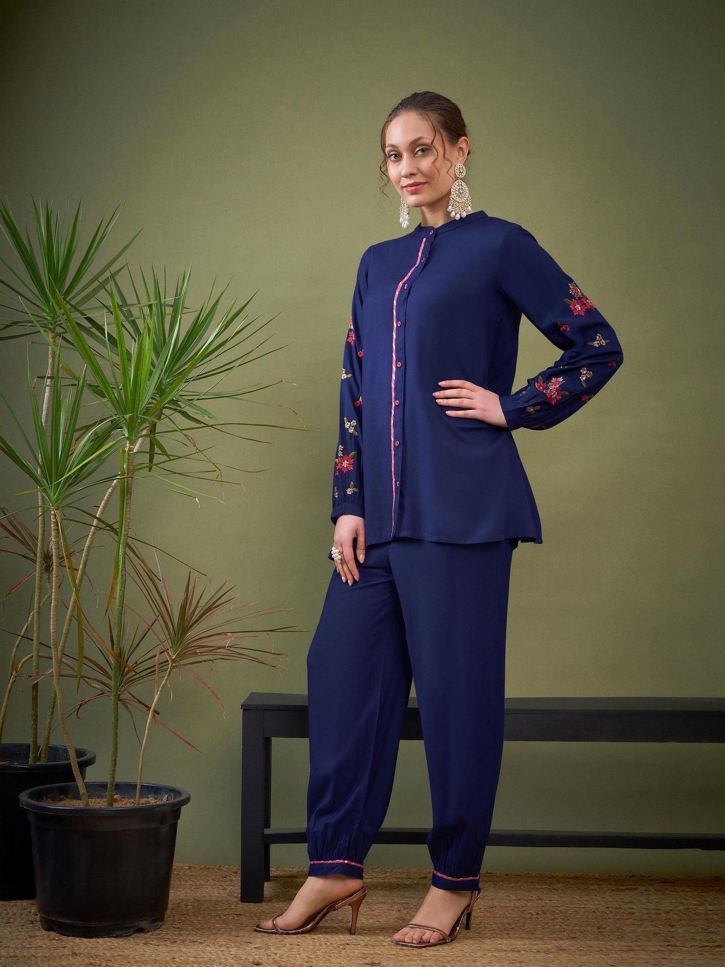 Royal Blue Sleeve Embroidered Shirt With Cuff Pants