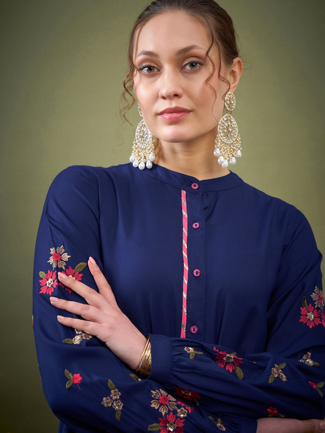 Royal Blue Sleeve Embroidered Shirt With Cuff Pants
