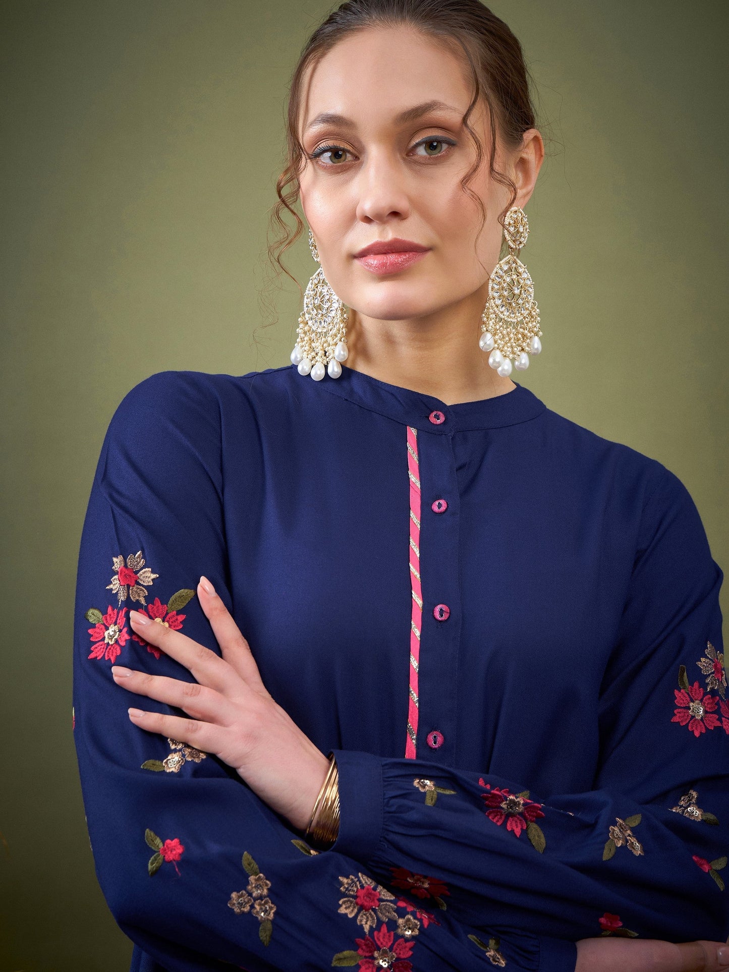 Royal Blue Sleeve Embroidered Shirt With Cuff Pants