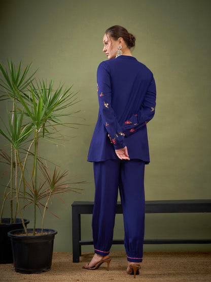 Royal Blue Sleeve Embroidered Shirt With Cuff Pants