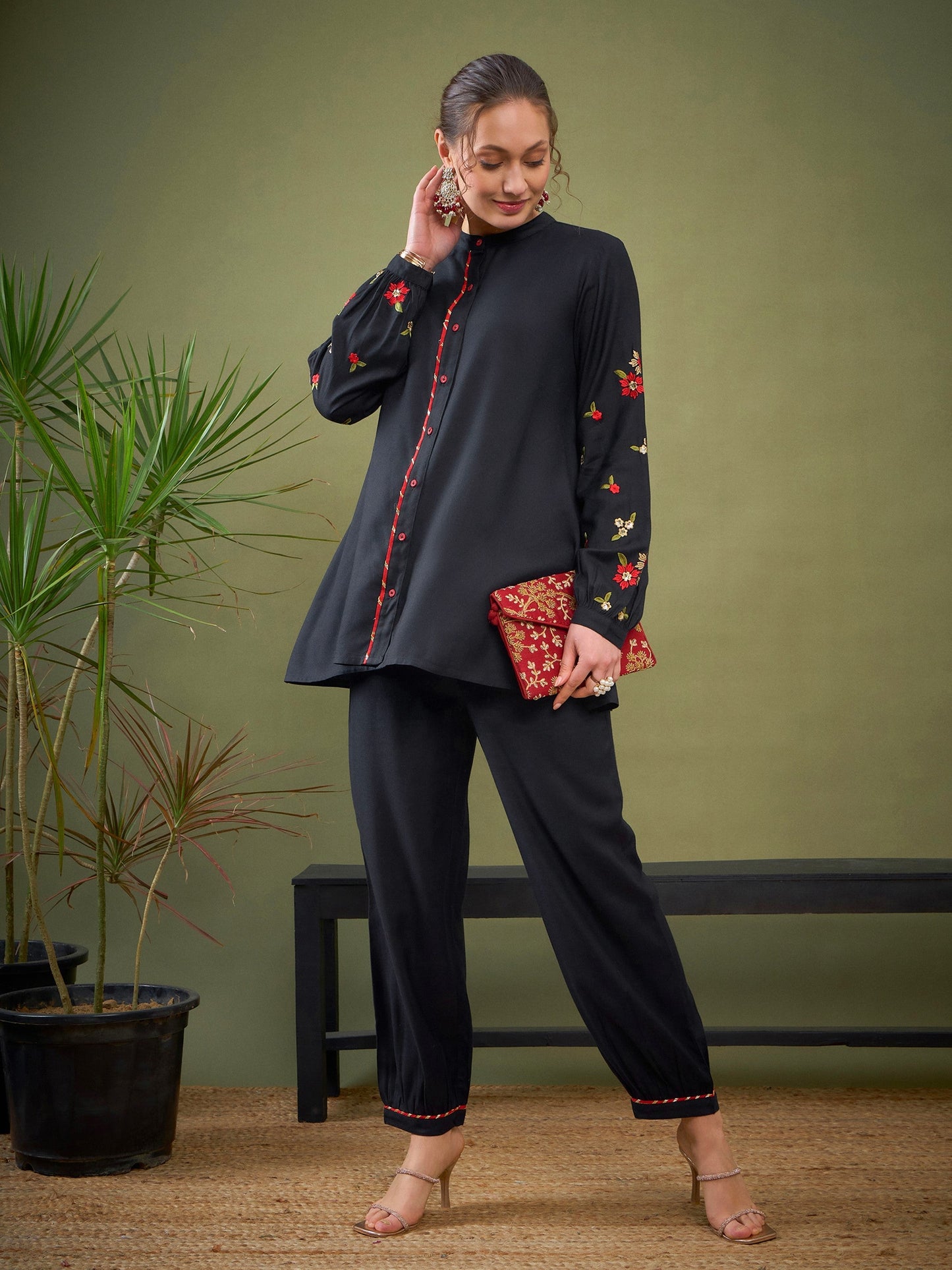 Women's Women Black Sleeve Embroidered Shirt With Cuff Pants in Rayon by Shae for wholesale, bulk, supplier, manufacturer and wholesaler buyers from Trendphoria