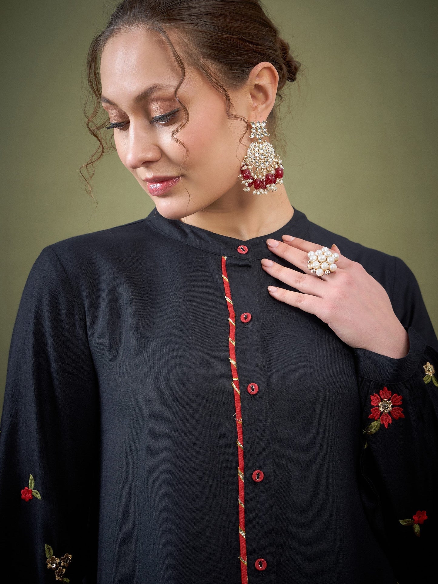 Black Sleeve Embroidered Shirt With Cuff Pants-Shae by SASSAFRAS