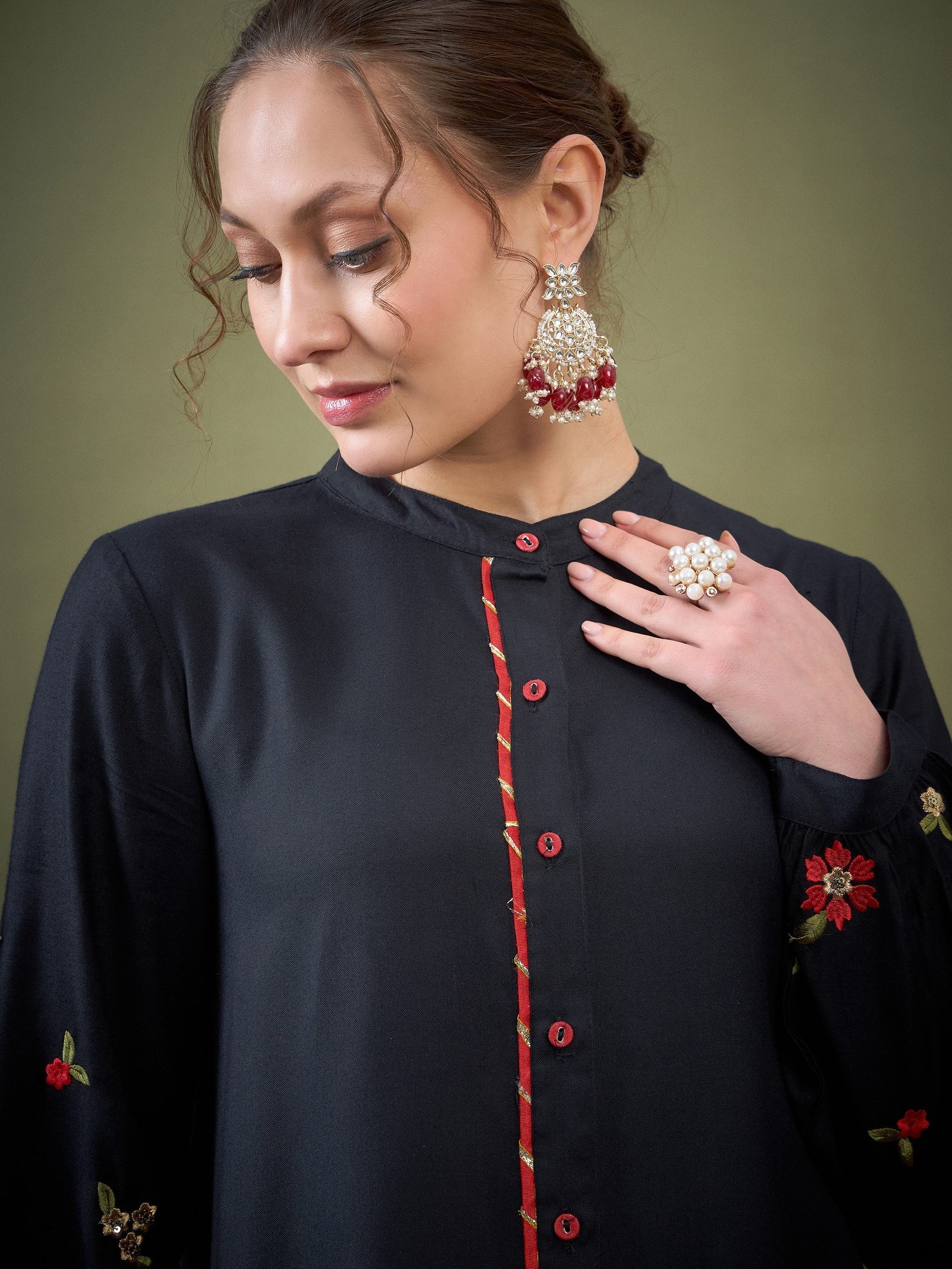 Black Sleeve Embroidered Shirt With Cuff Pants-Shae by SASSAFRAS