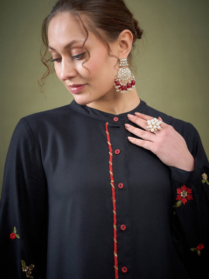 Black Sleeve Embroidered Shirt With Cuff Pants-Shae by SASSAFRAS