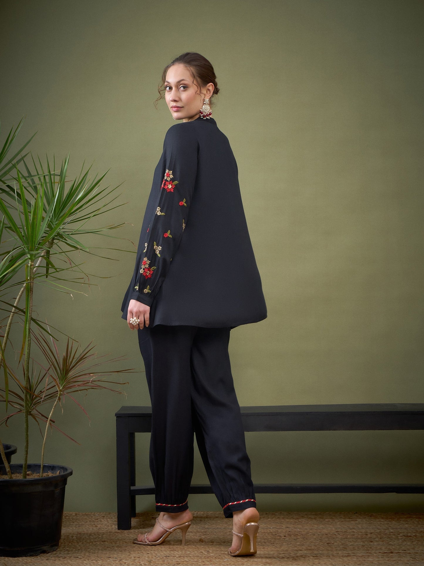 Black Sleeve Embroidered Shirt With Cuff Pants-Shae by SASSAFRAS