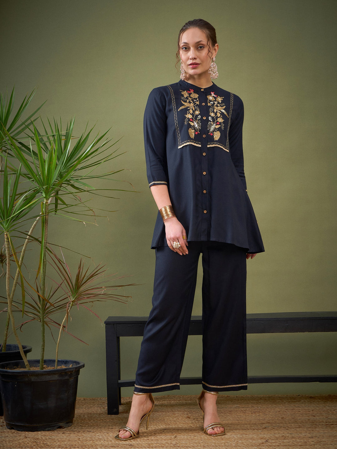 Women's Women Black Front Yoke Embroidered Shirt With Palazzos in Rayon by Shae for wholesale, bulk, supplier, manufacturer and wholesaler buyers from Trendphoria