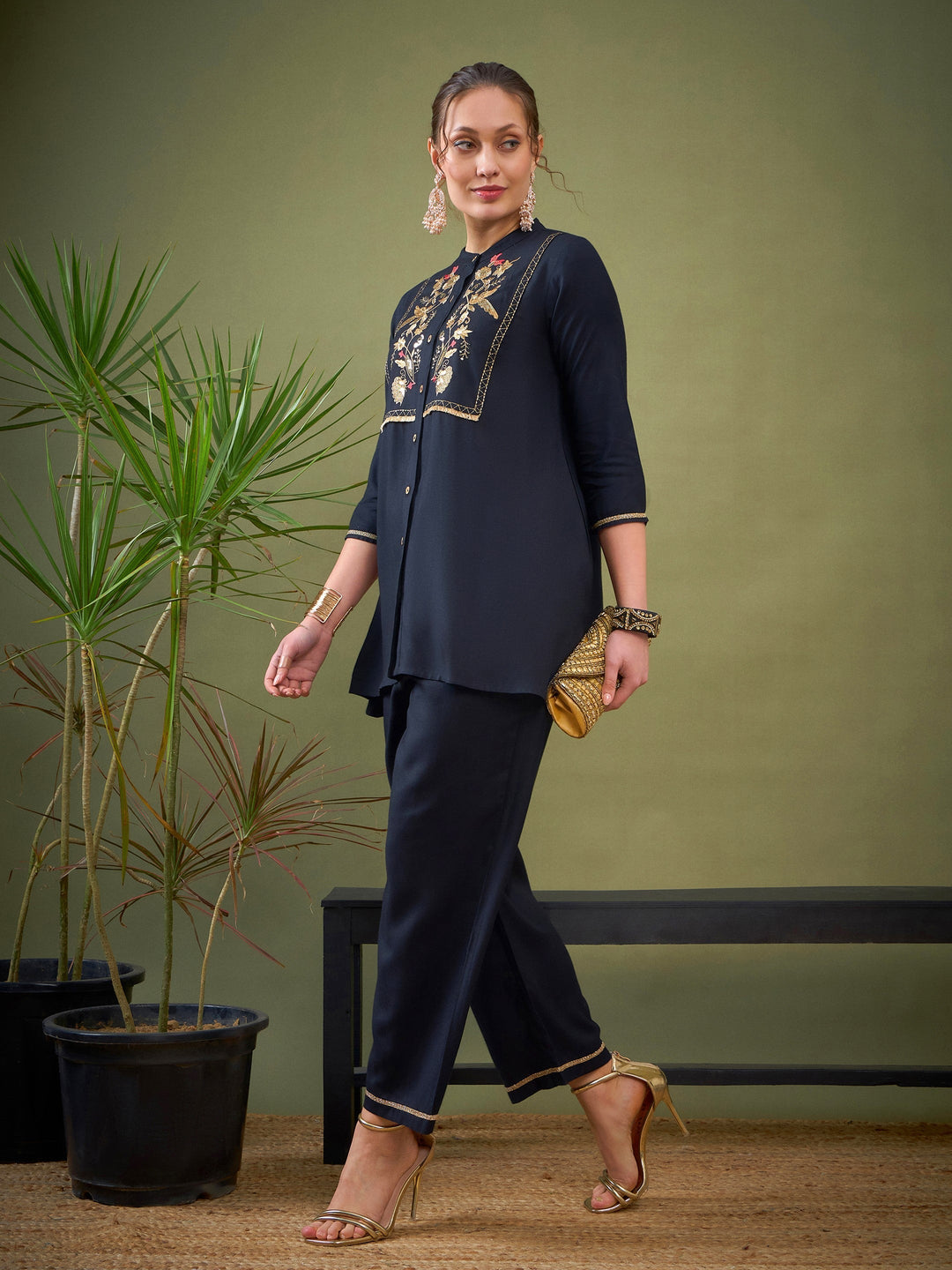 Black Front Yoke Embroidered Shirt With Palazzos-Shae by SASSAFRAS