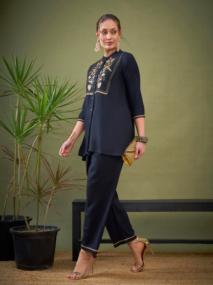 Black Front Yoke Embroidered Shirt With Palazzos-Shae by SASSAFRAS