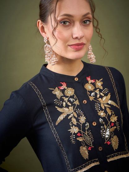 Black Front Yoke Embroidered Shirt With Palazzos-Shae by SASSAFRAS