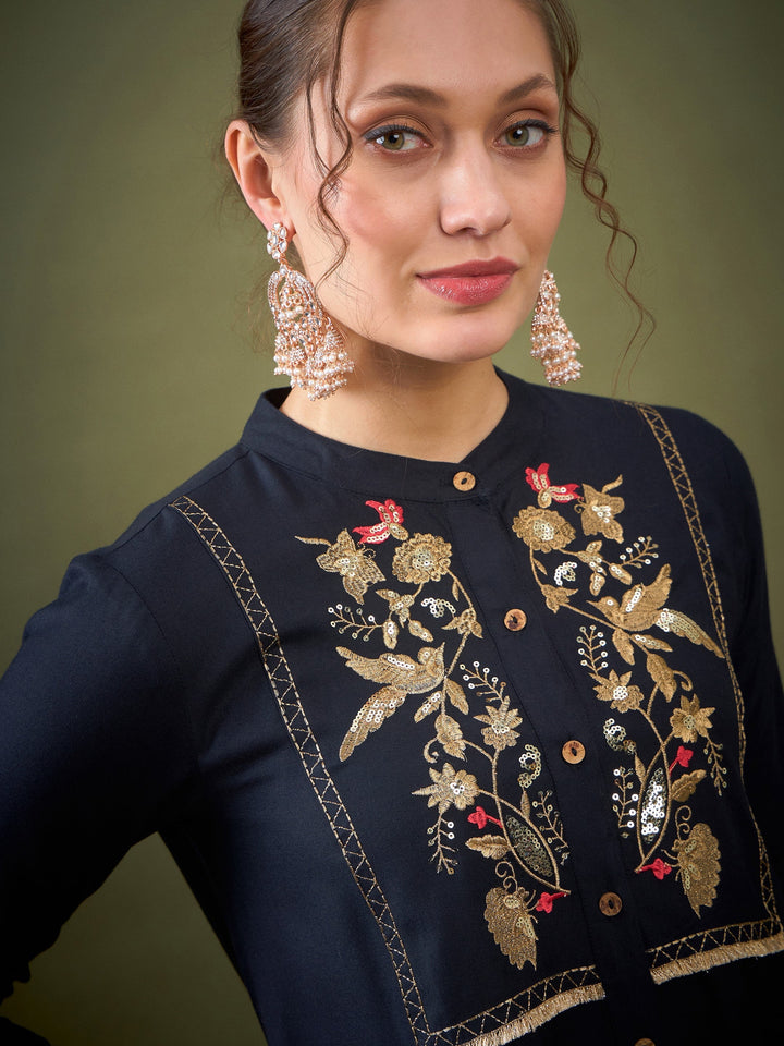 Black Front Yoke Embroidered Shirt With Palazzos-Shae by SASSAFRAS