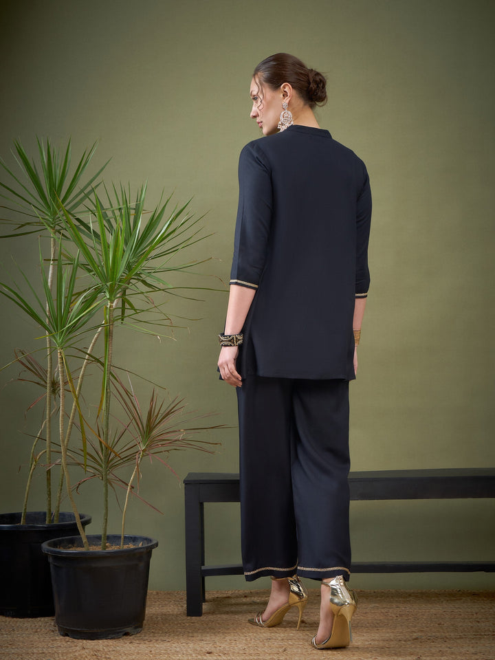 Black Front Yoke Embroidered Shirt With Palazzos-Shae by SASSAFRAS