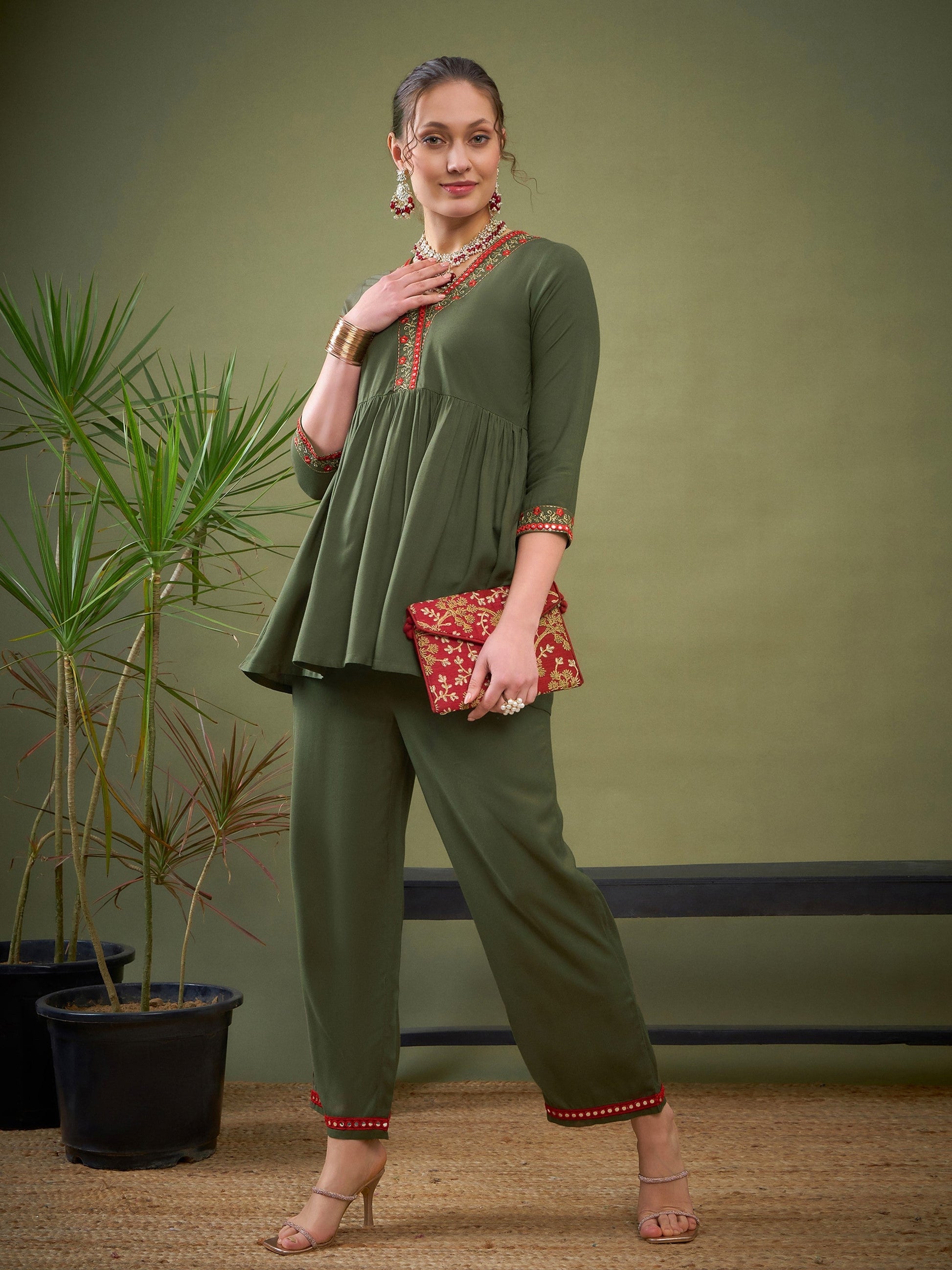 Women's Women Olive Peplum Embroidered Top With Palazzos in Rayon by Shae for wholesale, bulk, supplier, manufacturer and wholesaler buyers from Trendphoria