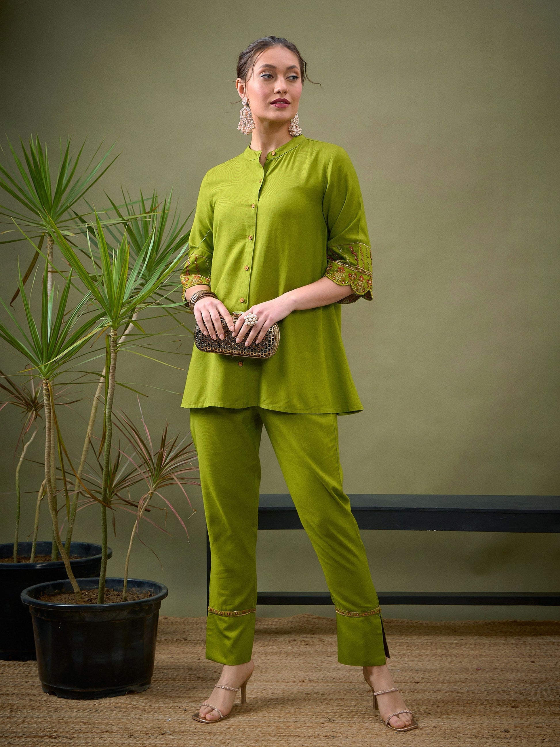 Women's Women Green Sleeves Embroidered Shirt With Palazzos in Rayon by Shae for wholesale, bulk, supplier, manufacturer and wholesaler buyers from Trendphoria