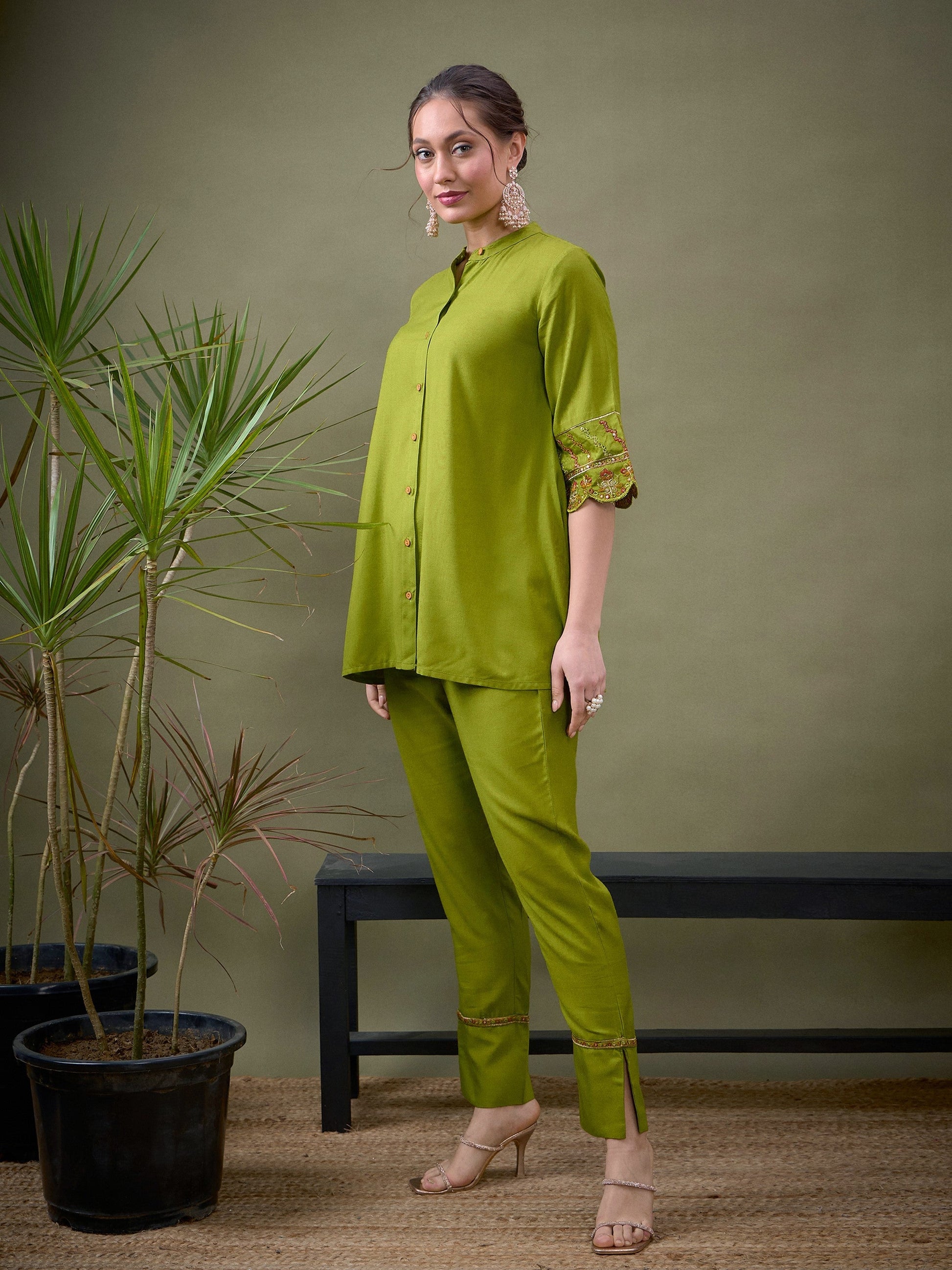 Green Sleeves Embroidered Shirt With Palazzos-Shae by SASSAFRAS