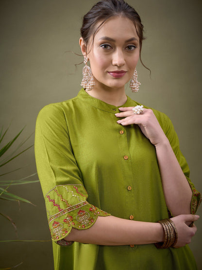 Green Sleeves Embroidered Shirt With Palazzos-Shae by SASSAFRAS