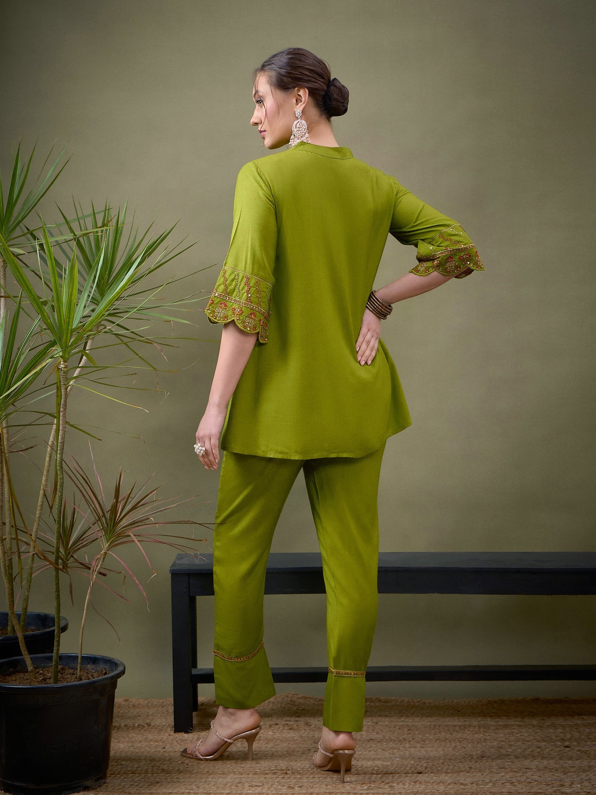 Green Sleeves Embroidered Shirt With Palazzos-Shae by SASSAFRAS