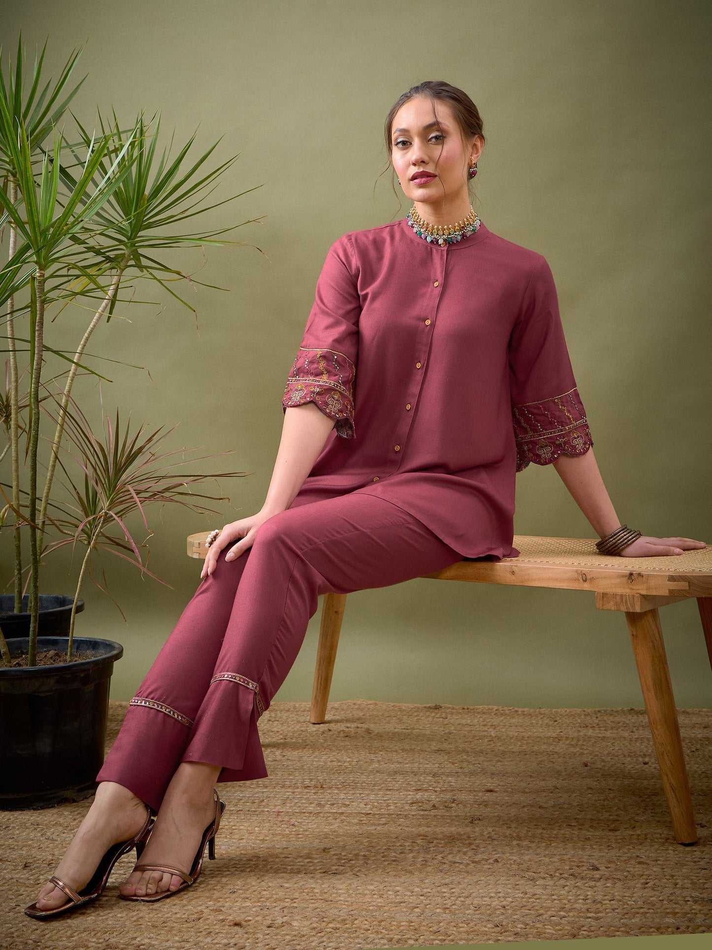 Pink Sleeves Embroidered Shirt With Palazzos