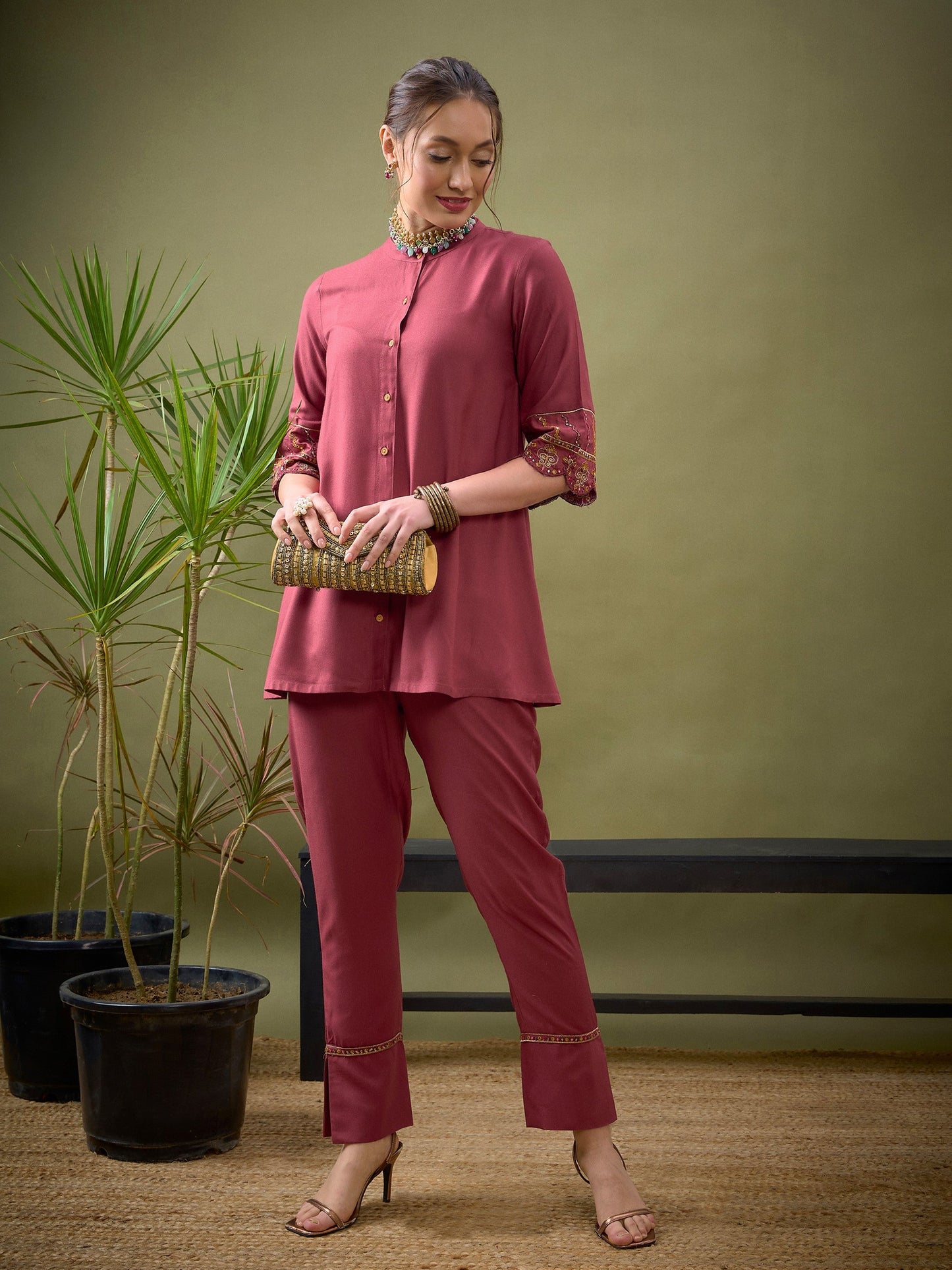 Pink Sleeves Embroidered Shirt With Palazzos