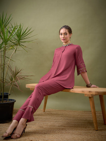 Pink Sleeves Embroidered Shirt With Palazzos