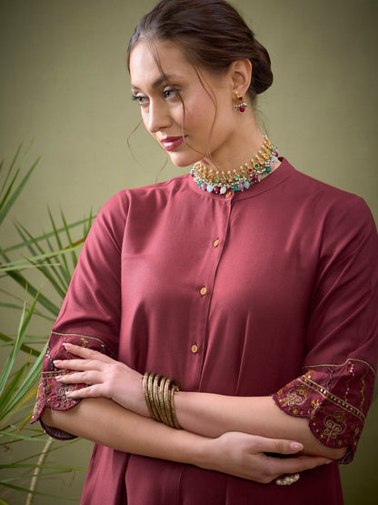 Pink Sleeves Embroidered Shirt With Palazzos