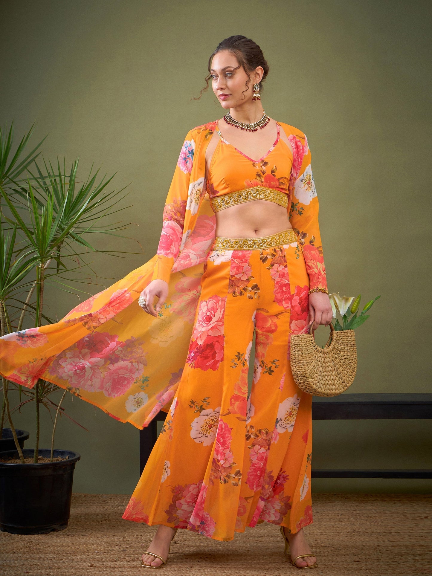 Women's Women Yellow Floral Crop Top With Pants & Shrug in Georgette by Shae for wholesale, bulk, supplier, manufacturer and wholesaler buyers from Trendphoria