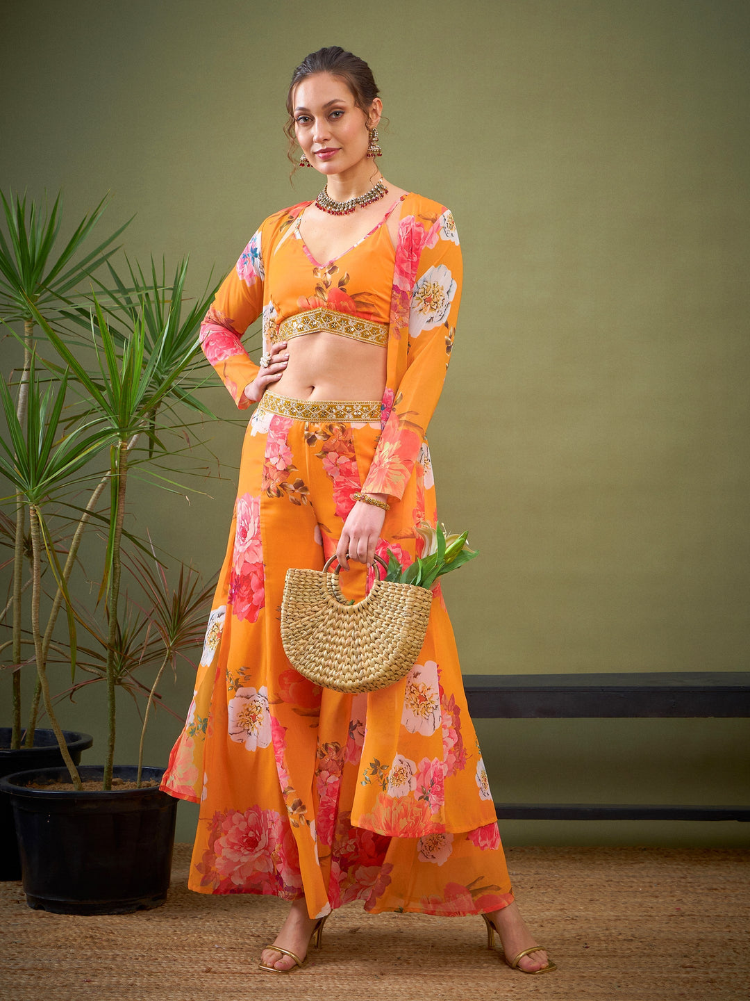 Yellow Floral Crop Top With Pants &amp; Shrug-Shae by SASSAFRAS