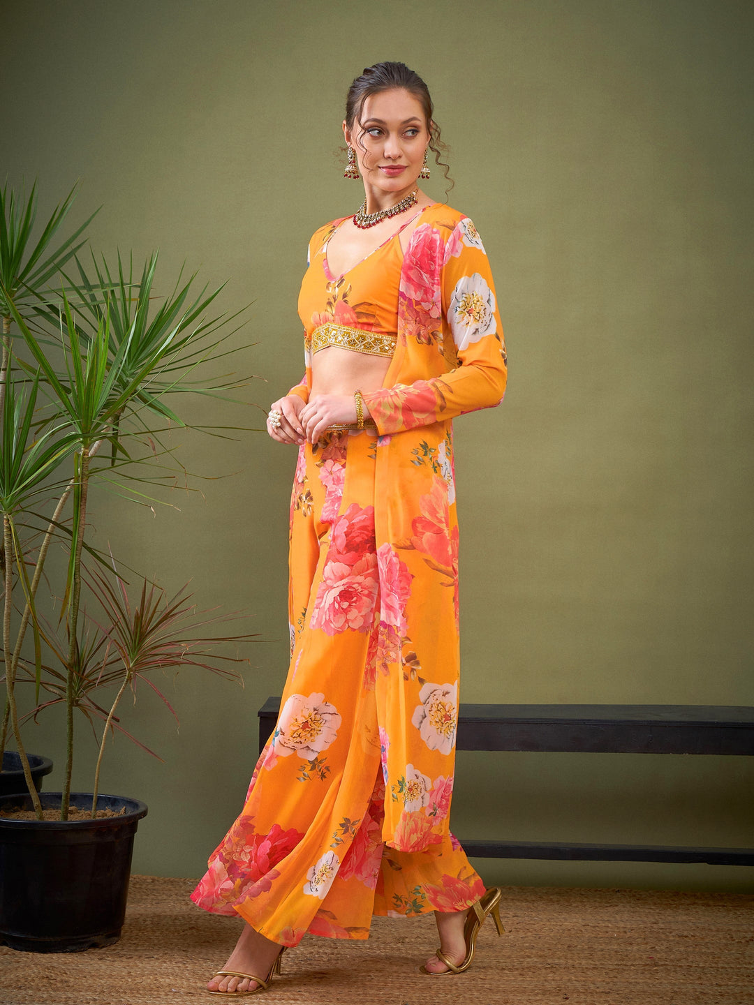 Yellow Floral Crop Top With Pants &amp; Shrug-Shae by SASSAFRAS