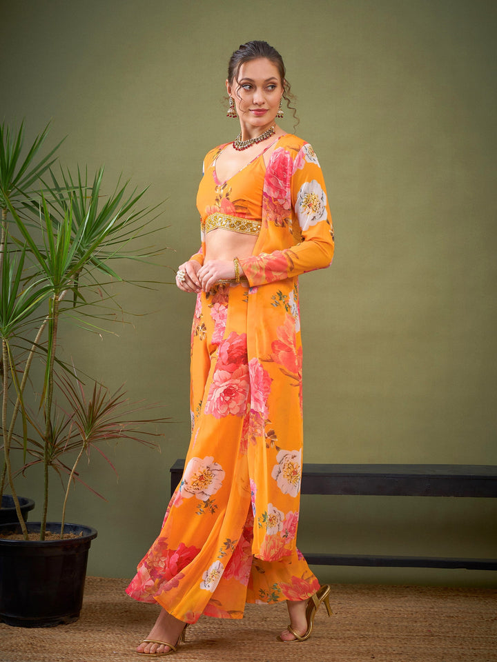 Yellow Floral Crop Top With Pants &amp; Shrug-Shae by SASSAFRAS