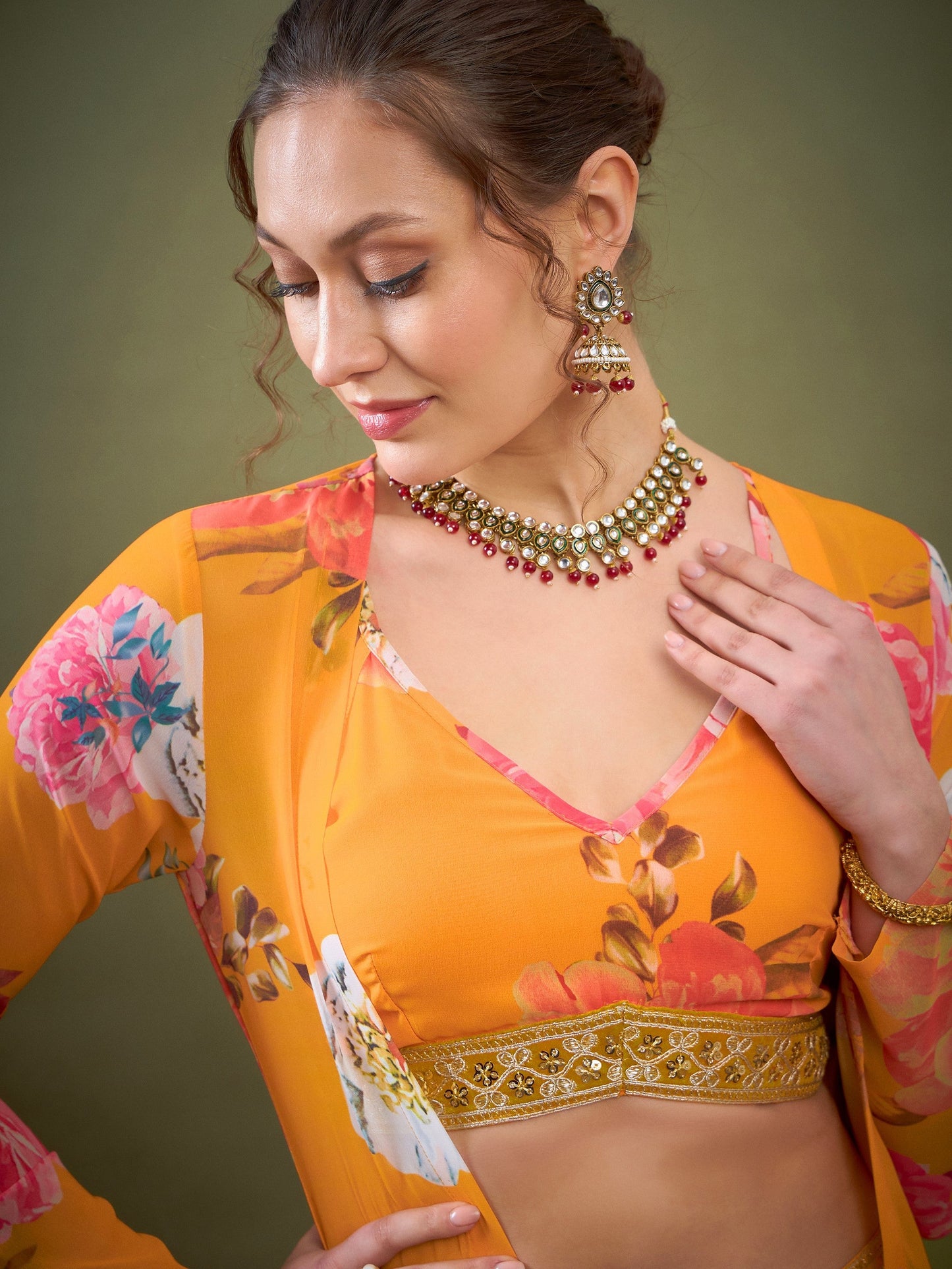 Yellow Floral Crop Top With Pants & Shrug-Shae by SASSAFRAS