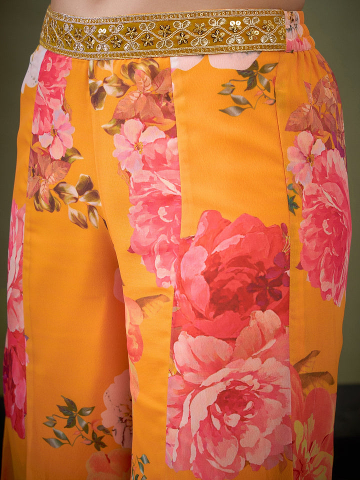 Yellow Floral Crop Top With Pants &amp; Shrug-Shae by SASSAFRAS