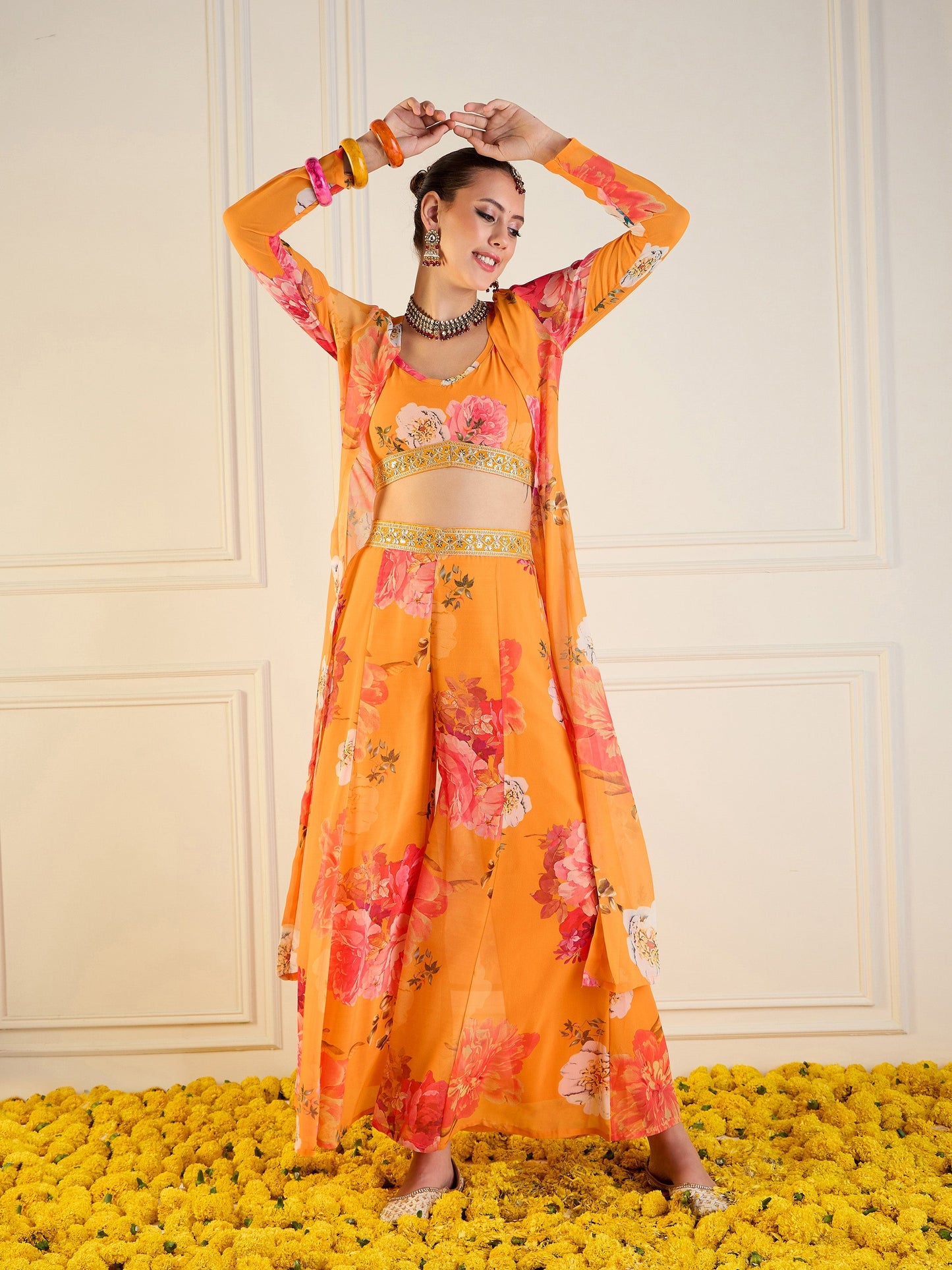 Women's Women Yellow Floral Crop Top With Pants & Shrug in Georgette by Shae for wholesale, bulk, supplier, manufacturer and wholesaler buyers from Trendphoria