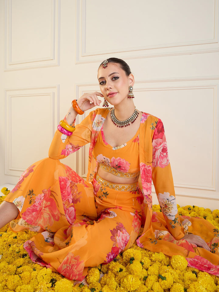 Yellow Floral Crop Top With Pants &amp; Shrug-Shae by SASSAFRAS