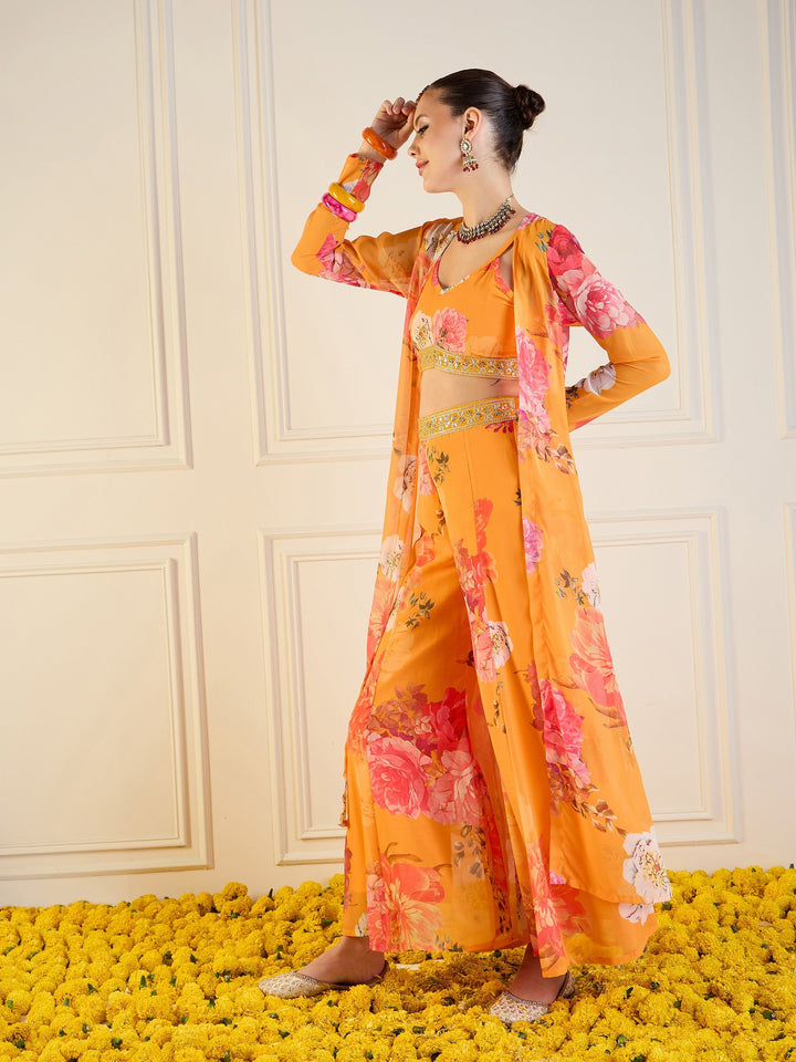 Yellow Floral Crop Top With Pants &amp; Shrug-Shae by SASSAFRAS