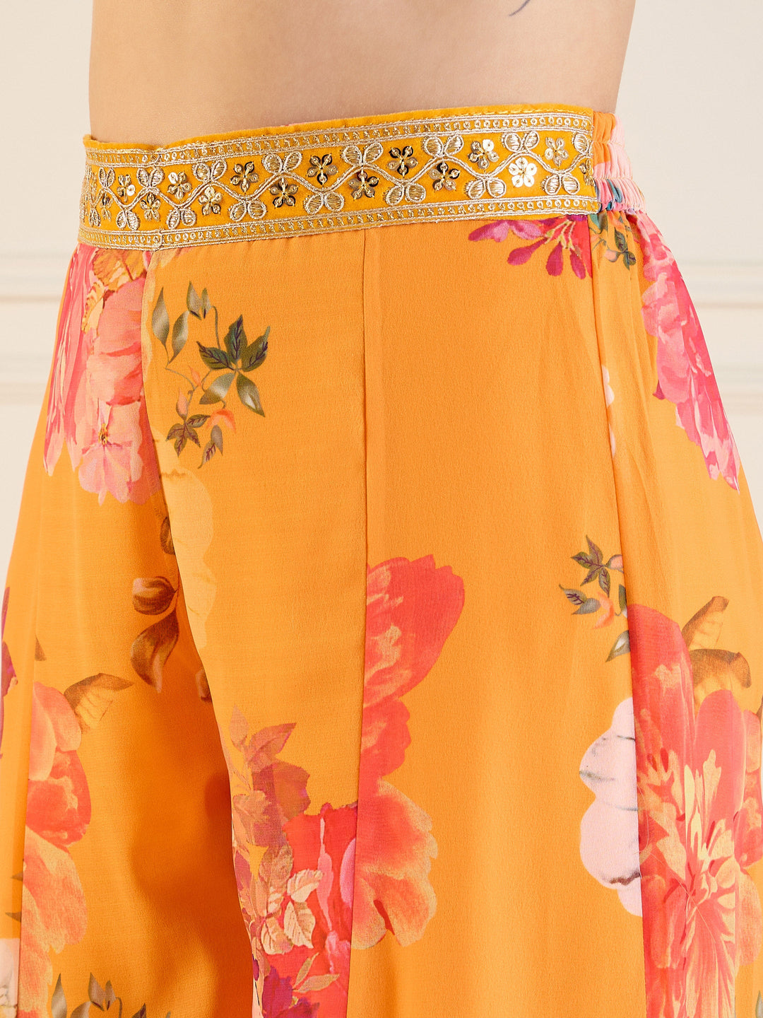 Yellow Floral Crop Top With Pants &amp; Shrug-Shae by SASSAFRAS
