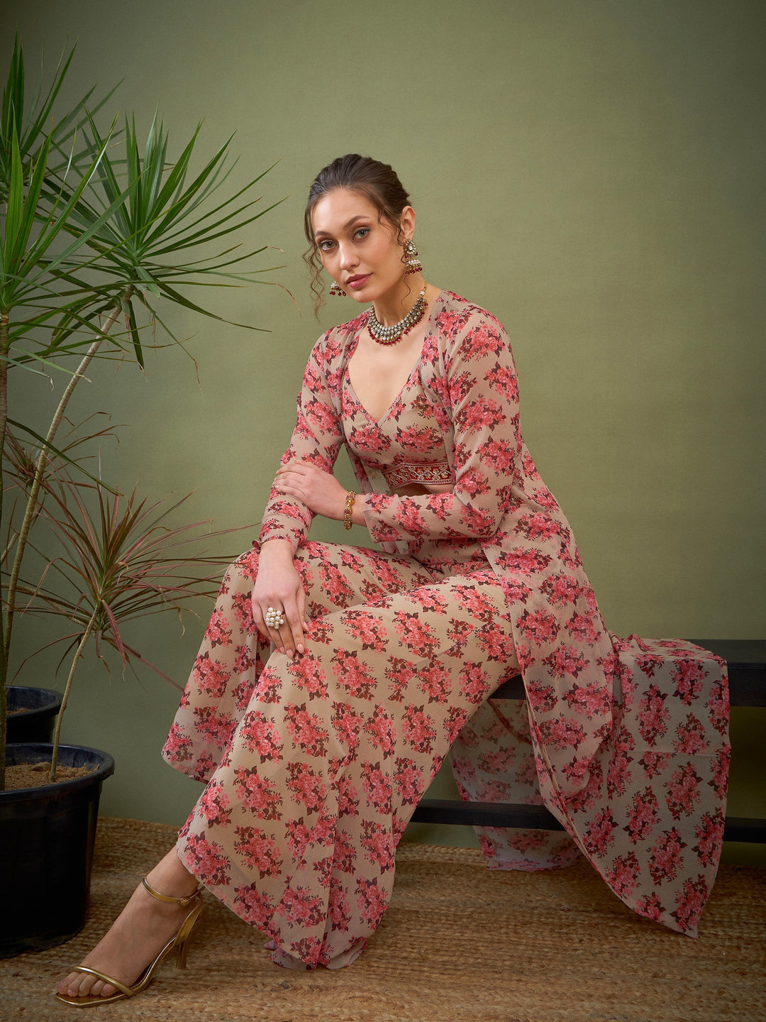 Beige Floral Crop Top With Pants &amp; Shrug-Shae by SASSAFRAS