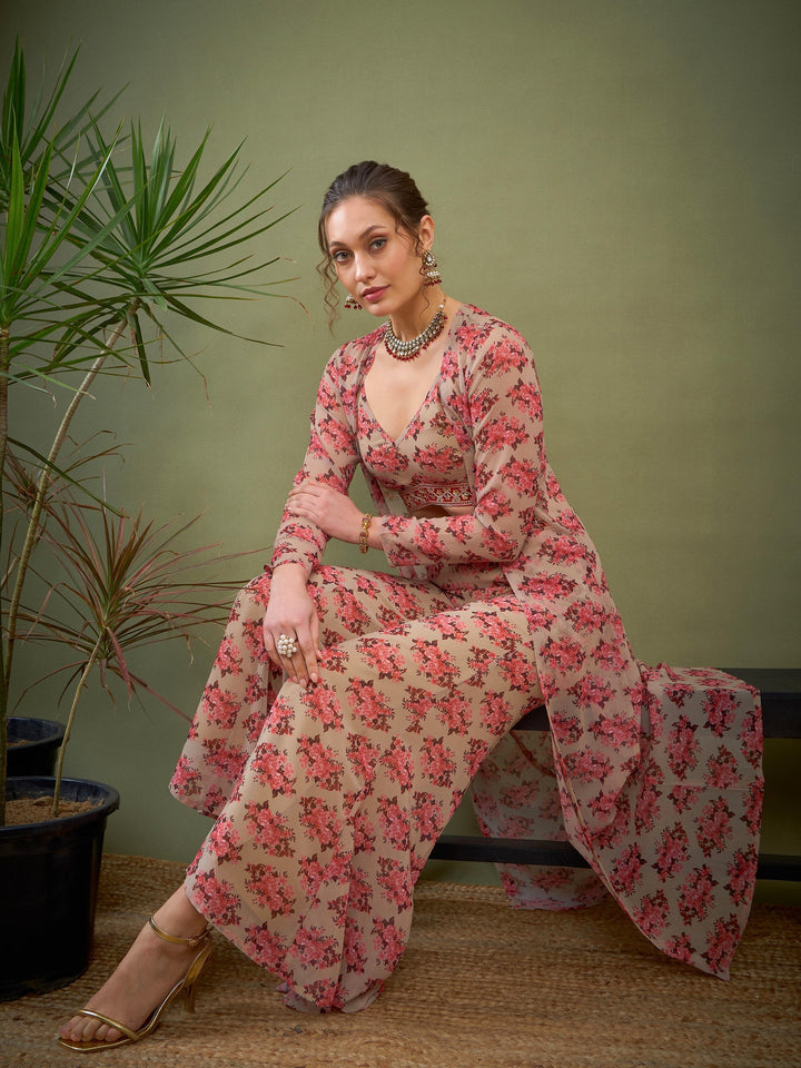 Beige Floral Crop Top With Pants &amp; Shrug-Shae by SASSAFRAS