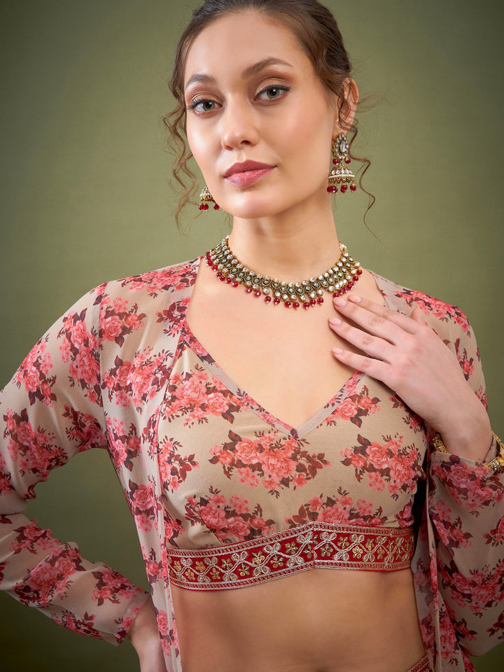 Beige Floral Crop Top With Pants &amp; Shrug-Shae by SASSAFRAS