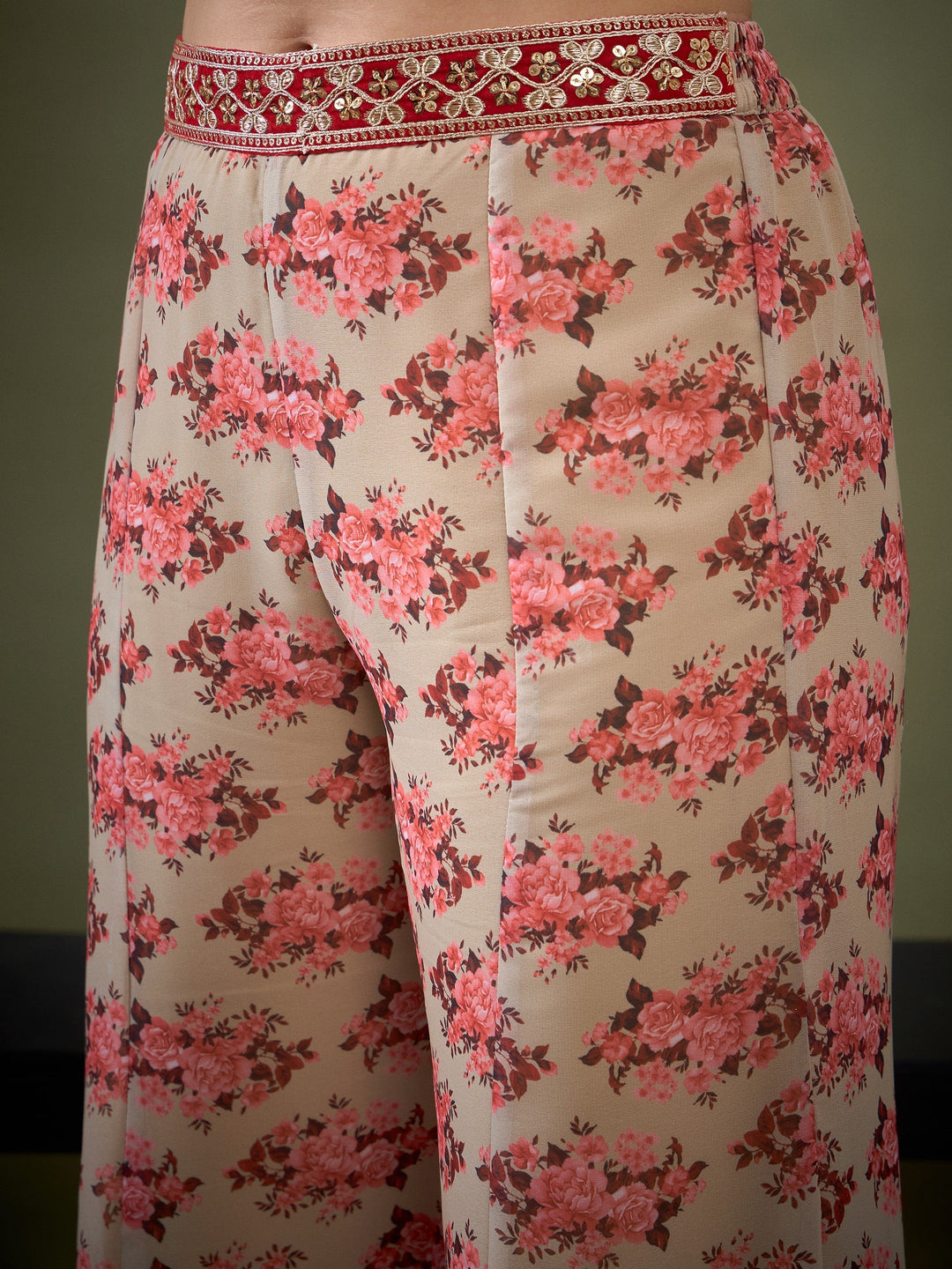 Beige Floral Crop Top With Pants &amp; Shrug-Shae by SASSAFRAS