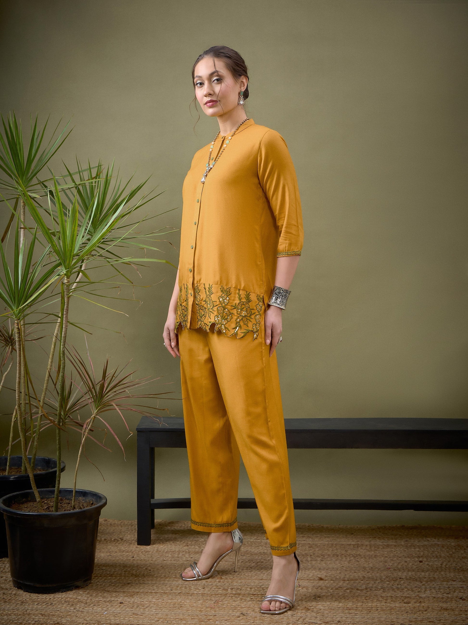Mustard Placket Embroidered Shirt With Palazzos-Shae by SASSAFRAS