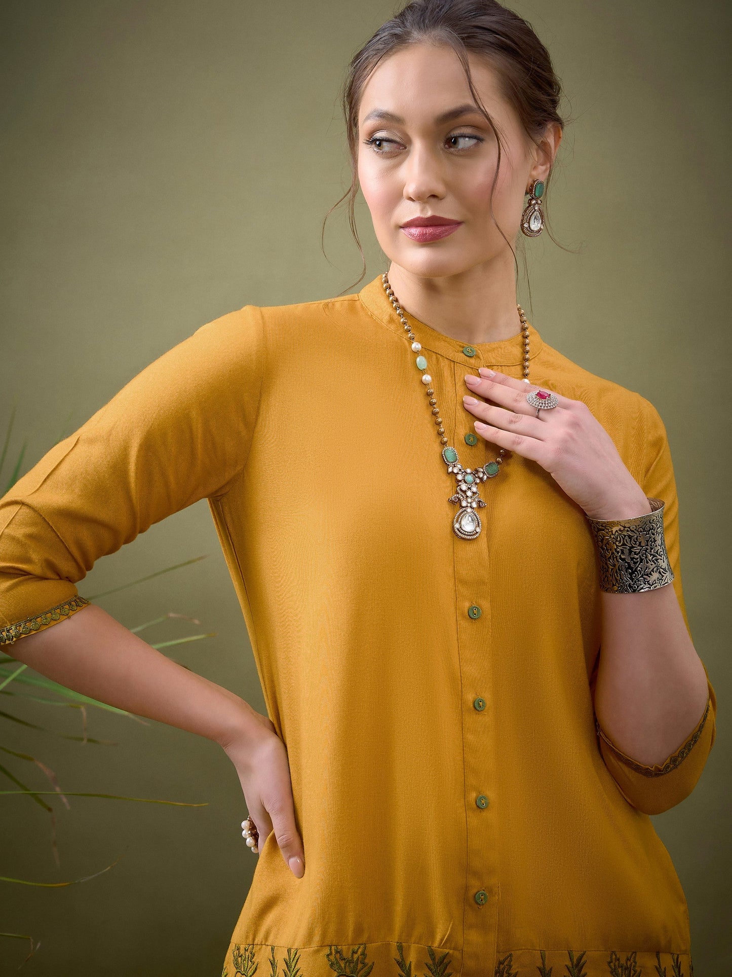 Mustard Placket Embroidered Shirt With Palazzos-Shae by SASSAFRAS