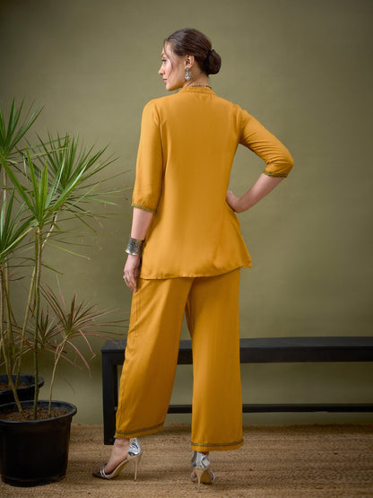 Mustard Placket Embroidered Shirt With Palazzos-Shae by SASSAFRAS
