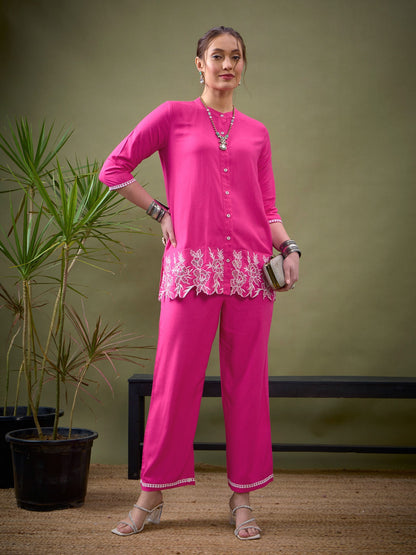 Fuchsia Placket Embroidered Shirt With Palazzos