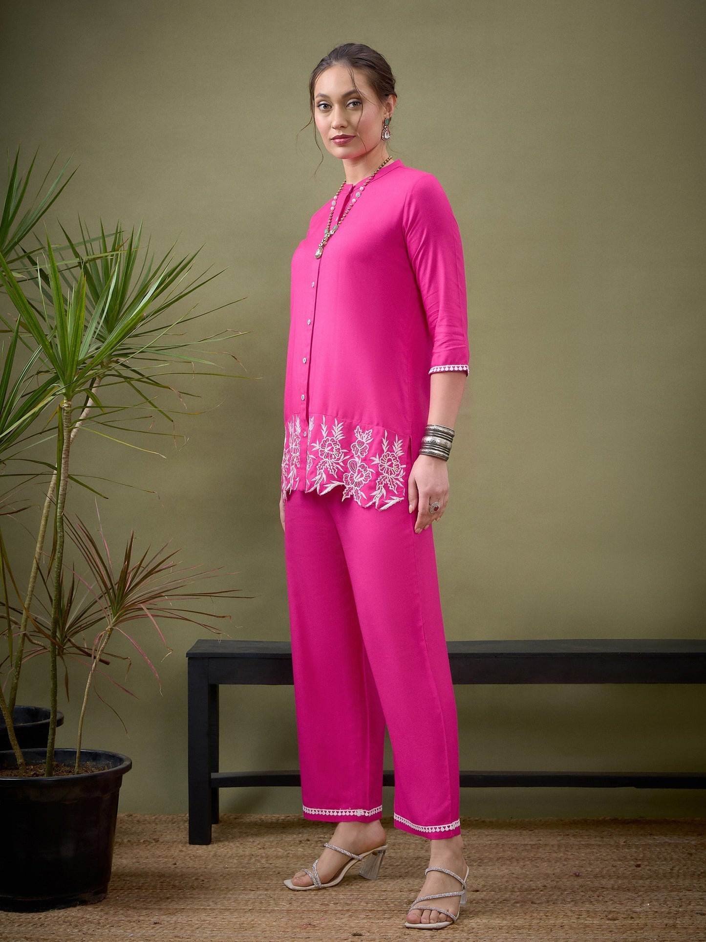 Fuchsia Placket Embroidered Shirt With Palazzos