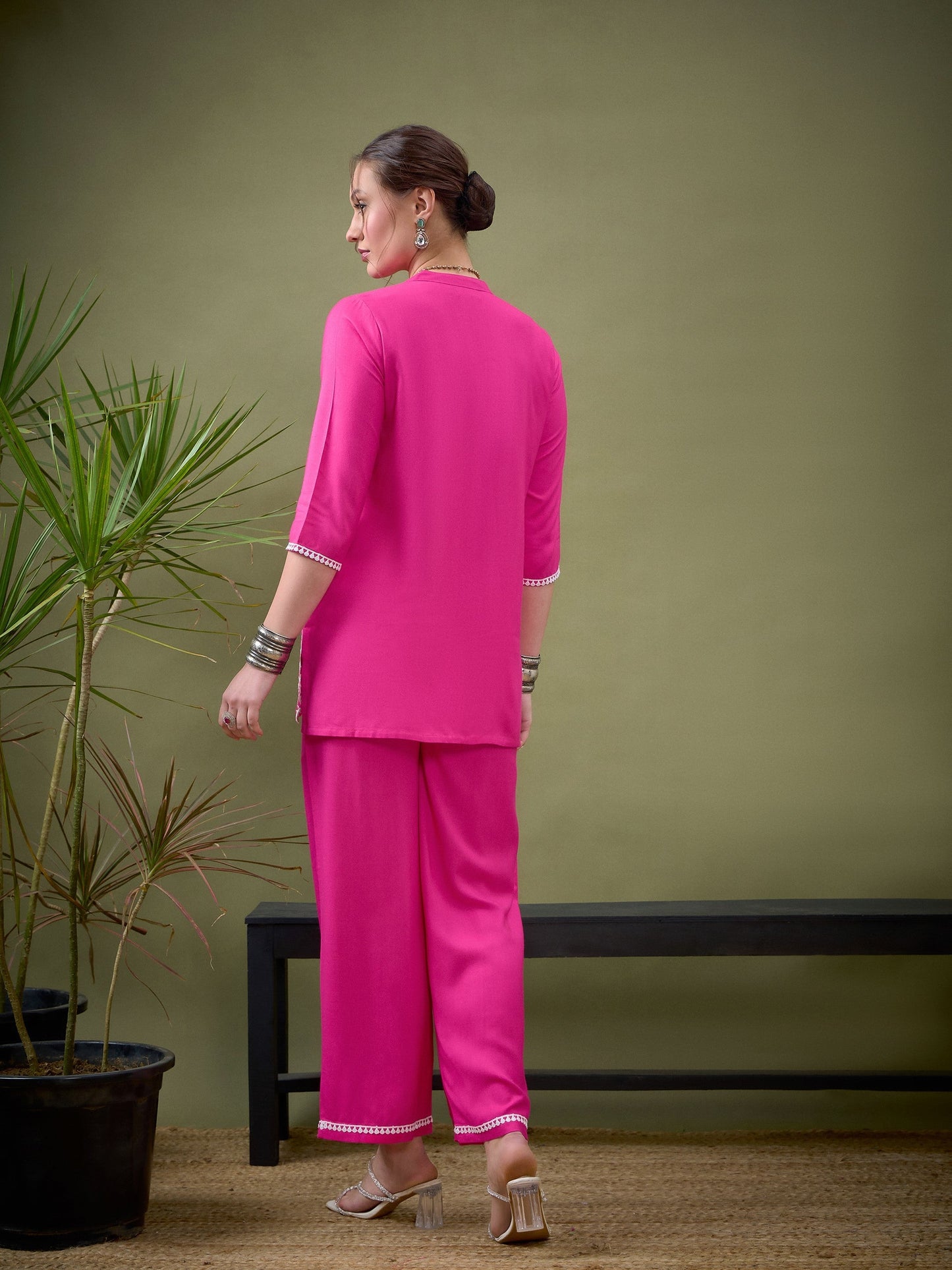Fuchsia Placket Embroidered Shirt With Palazzos