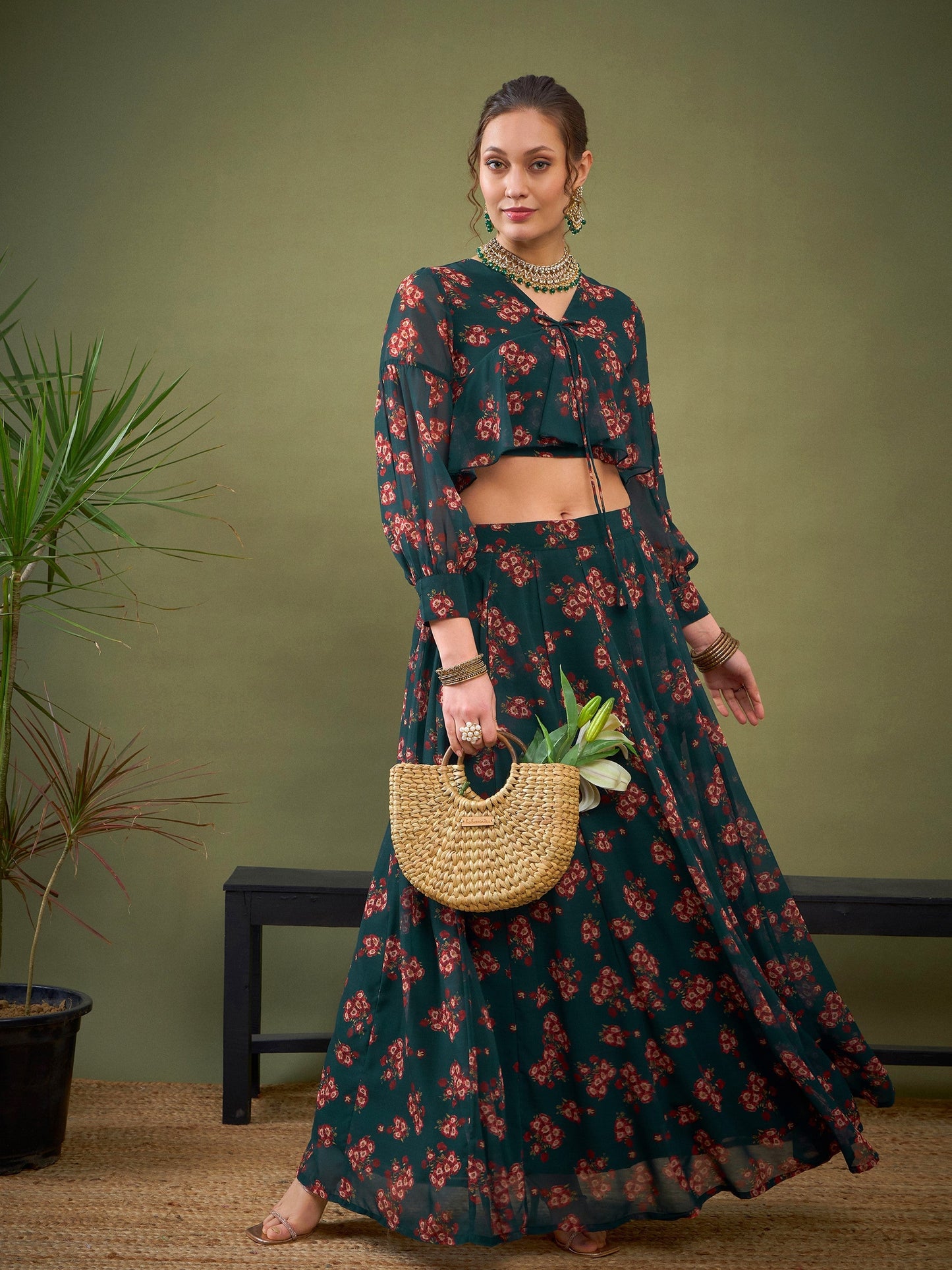 Green Floral Anarkali Skirt With Peplum Crop Top