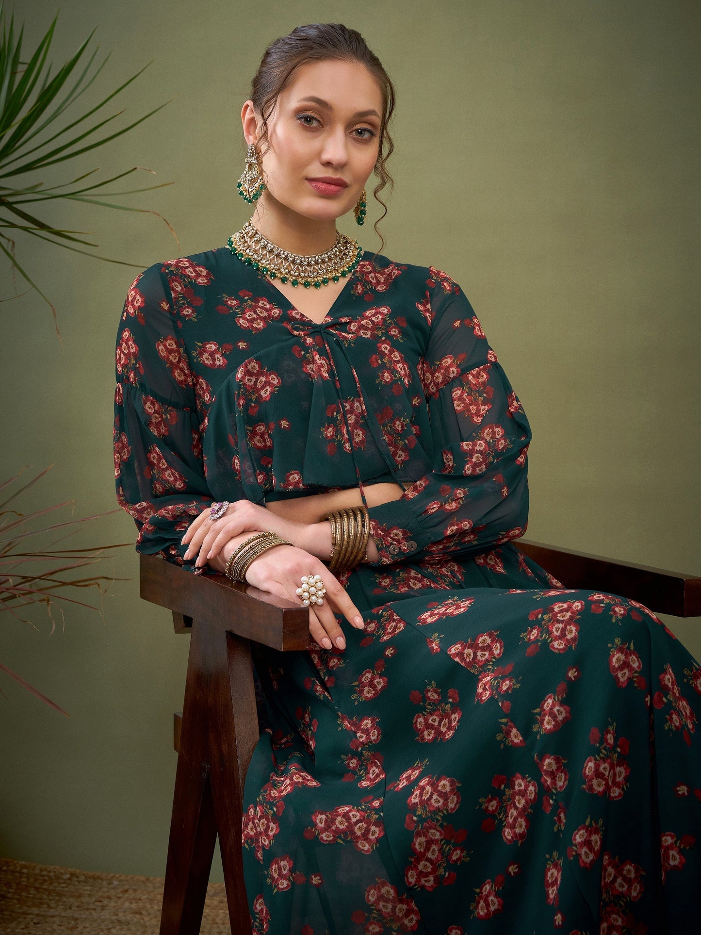 Green Floral Anarkali Skirt With Peplum Crop Top